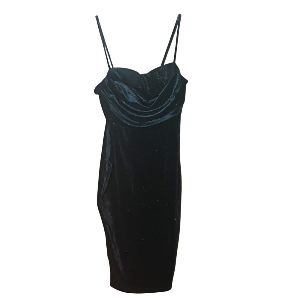 Vintage E.L.H. Studio Women Medium Black Velvet Sparkle Cowl Midi Dress